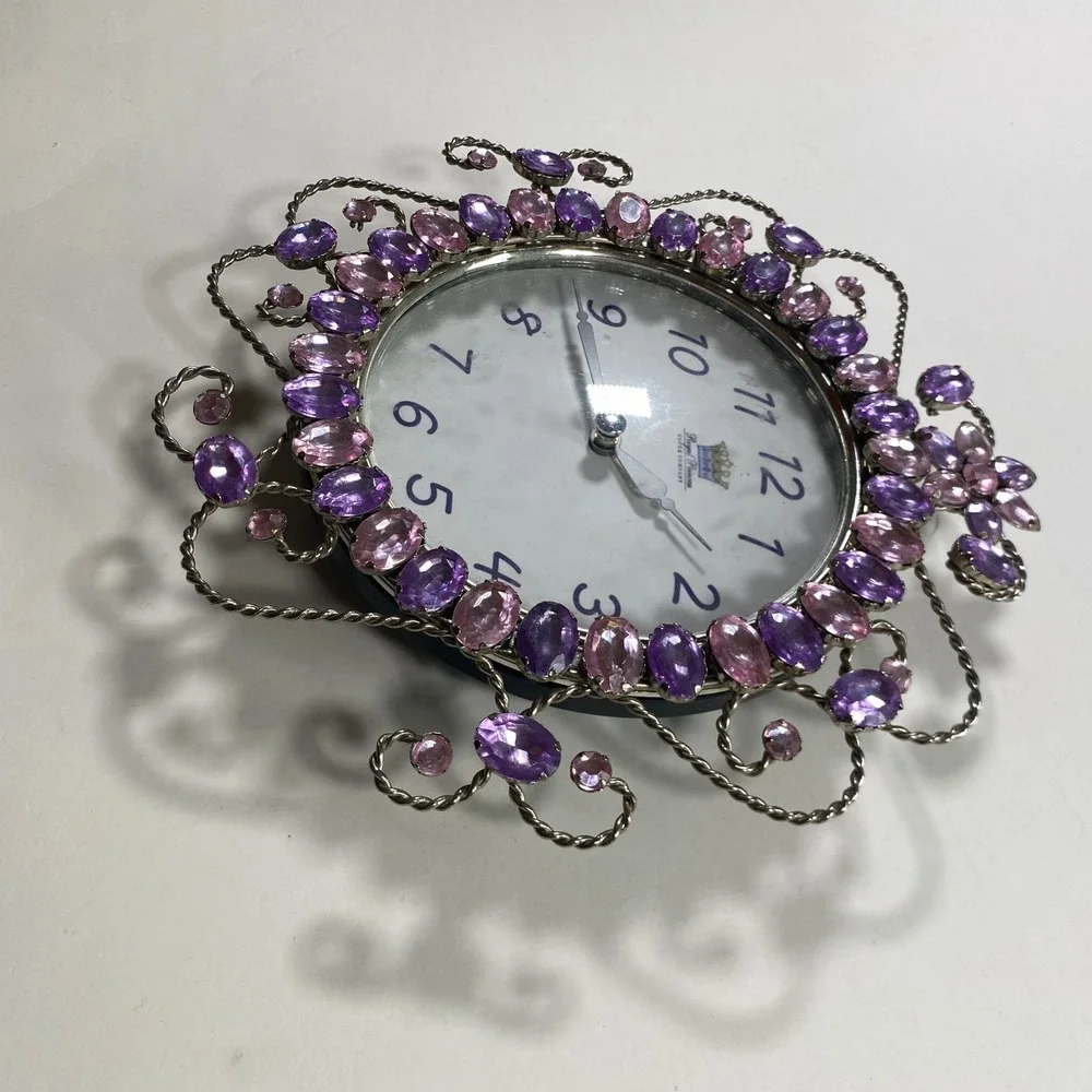 Royal Princess Clock Company Purple Pink Crystal Silver‎ Tone Wall Clock Quartz